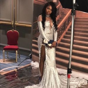 Long Silver Heavy Duty Sequin Prom Gown